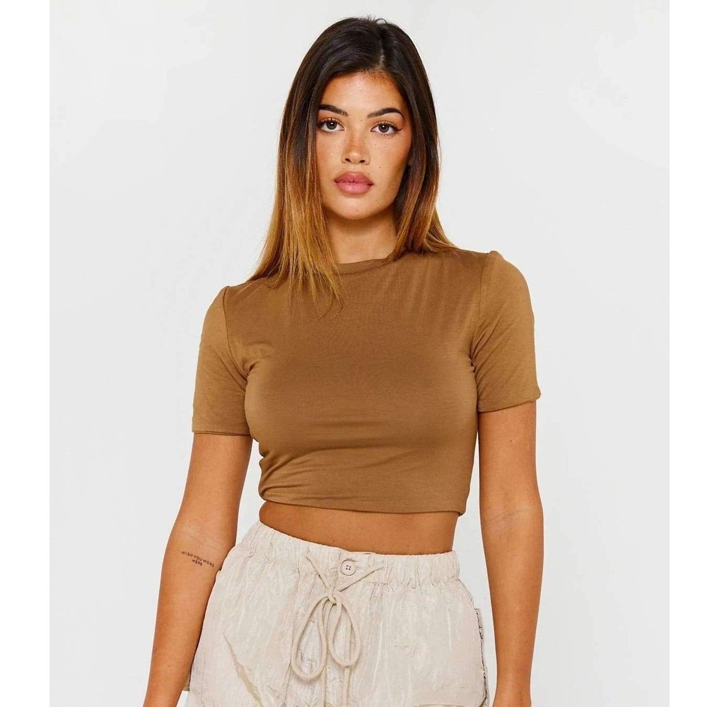 Luxe To Kill Brown Bamboo Blend Short Sleeve Crop Top Tee NWT Womens Size 4